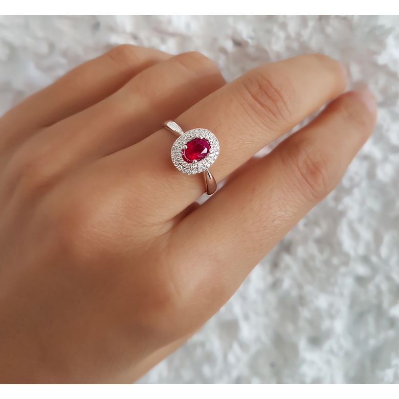 Bague de fiançailles rubis diamants et or blanc - Forme ovale - 2