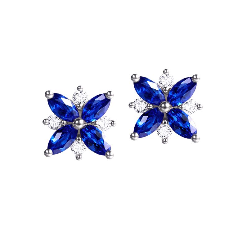 Boucle oreille fleur saphir bleu, diamant, or blanc - Véronique des ruisseaux - 1