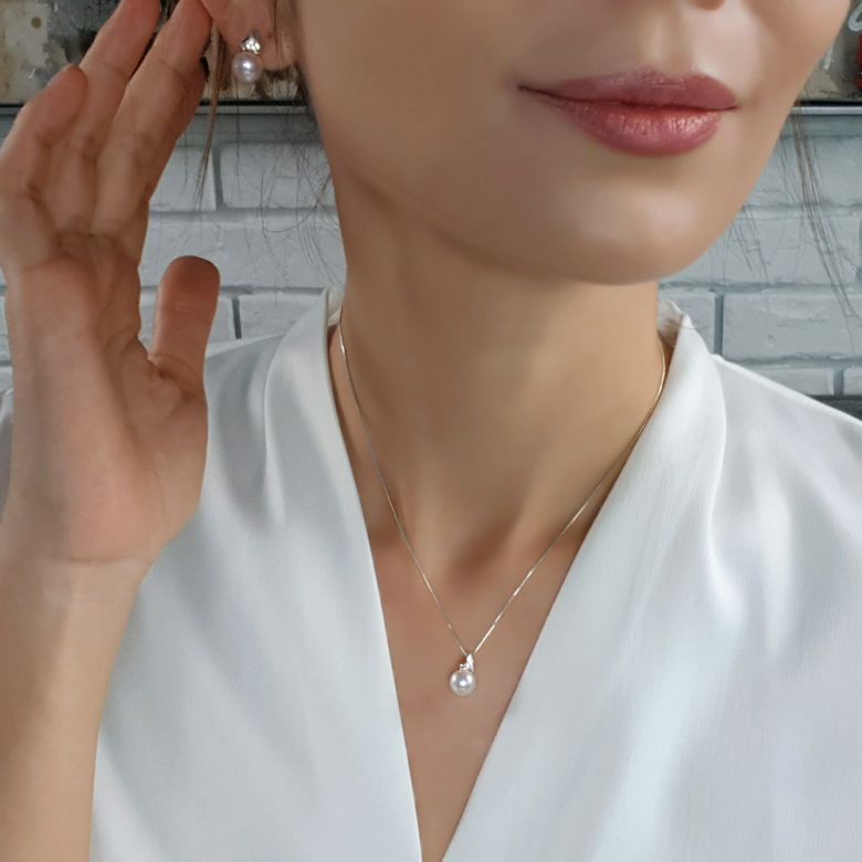 Boucles oreilles triangulaires. Perles Akoya Japon, Or blanc, Diamants - 10