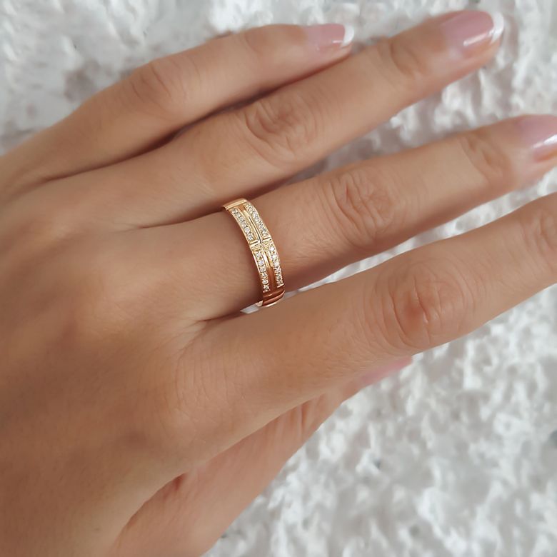 Alliance biseautée femme - Or jaune - Pavage Diamants - 4