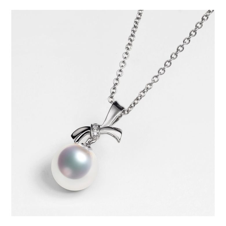 Pendentif Noeud avec ganse. Perle Akoya, Or blanc, Diamants - 5