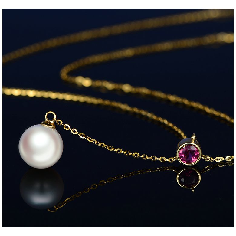 Collier pendentif perle Akoya. Chaîne Or jaune, Saphir rose - 11