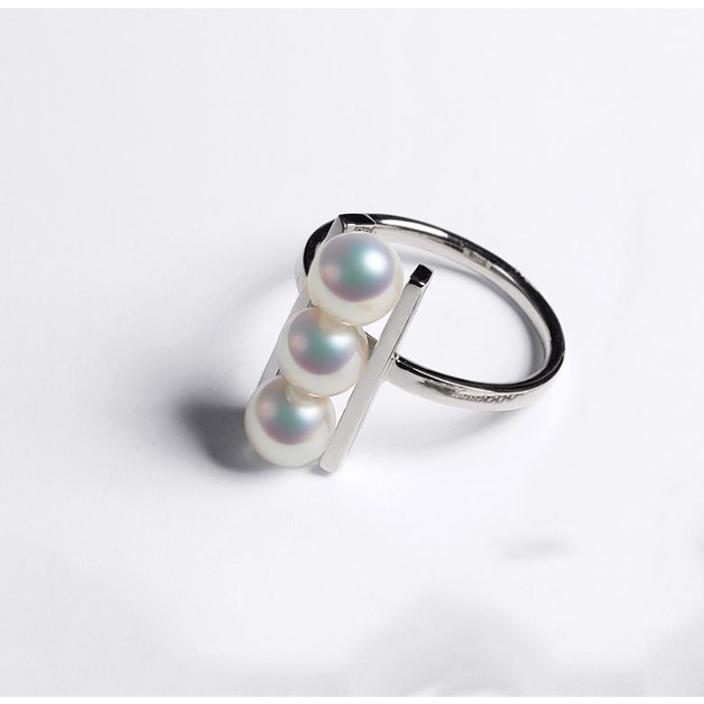 Bague 3 perles Akoya alignées et or blanc 18 carats - 8