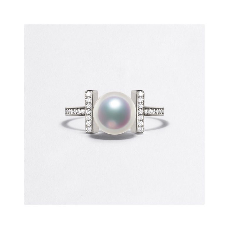 Bague monture rail. Or blanc, Diamants sertis et Perle Akoya - 2