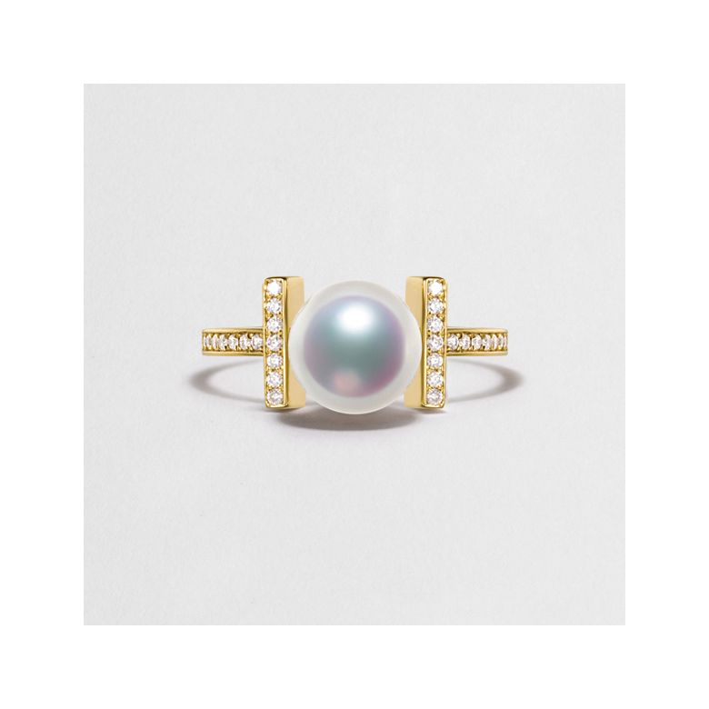 Bague monture rail. Or jaune, Diamants sertis et Perle Akoya - 2