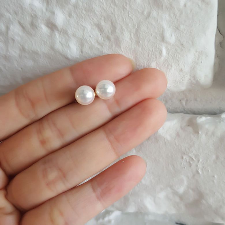 Boucles oreille or jaune - Clous oreilles perles Akoya Japon, 7.5/8mm - 4