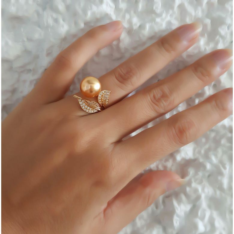 Bague feuilles de jasmin - Perle d'Australie dorée - Or jaune, diamants - 7