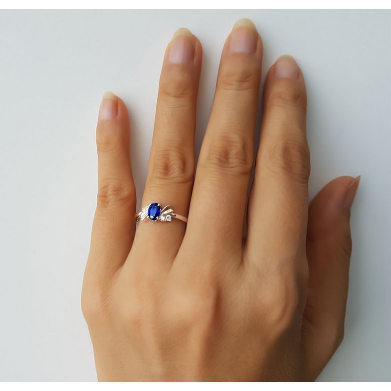 Bague saphir solitaire - Or blanc 18 carats - Sertissage diamants - 5
