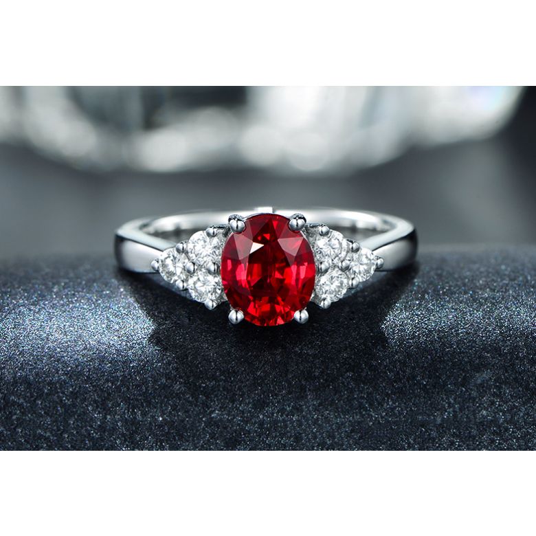Bague Fiançailles Rubis, Diamants, Or blanc. Douce France - 3