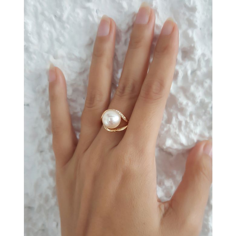 Bague femme perle - Or jaune, diamants - Perle de culture blanche - 7