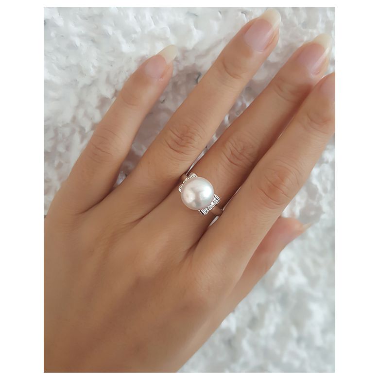 Bague or perle de culture - Perle blanche Chine - Or blanc, diamants - 2
