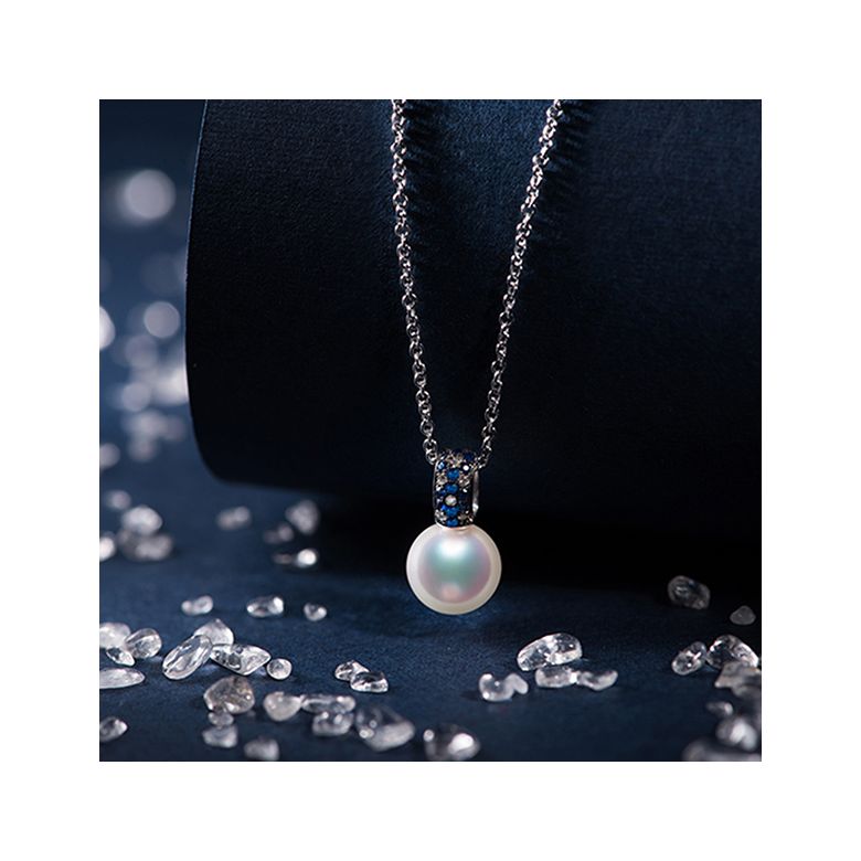 Pendentif Kino, Perle Akoya Japon. Or blanc, diamants et saphirs - 3