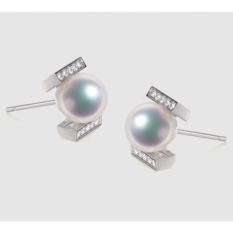Boucles oreilles modernes forme rail. Or blanc, Diamants et Perles Akoya - 4
