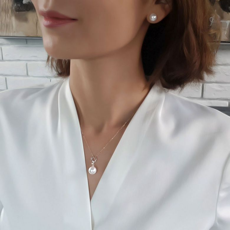 Pendentif chiffre 9 - Perle d'eau douce blanche - Or blanc, diamant - 6