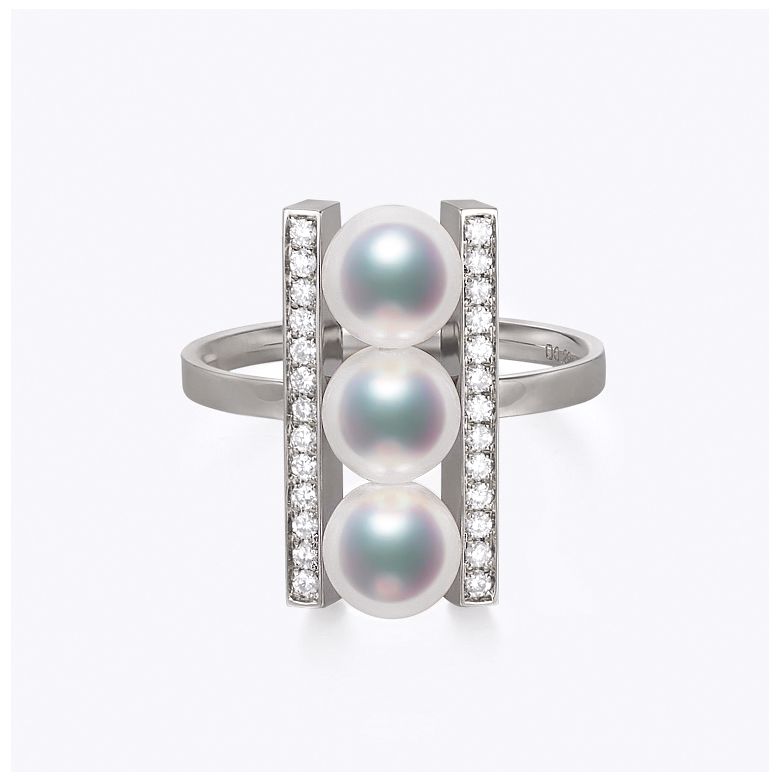 Bague 3 perles Akoya. Monture rail. Or blanc, Diamants - 3