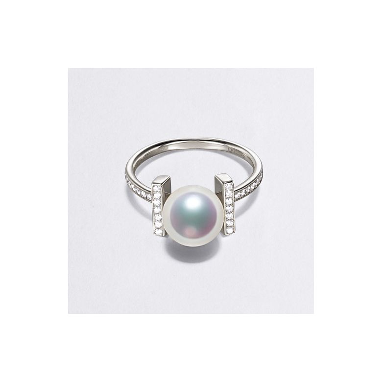 Bague monture rail. Or blanc, Diamants sertis et Perle Akoya - 4