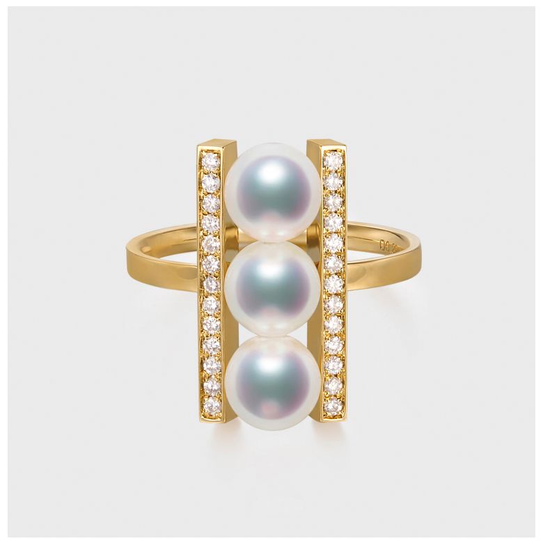 Bague 3 perles Akoya. Monture rail. Or jaune, Diamants - 2