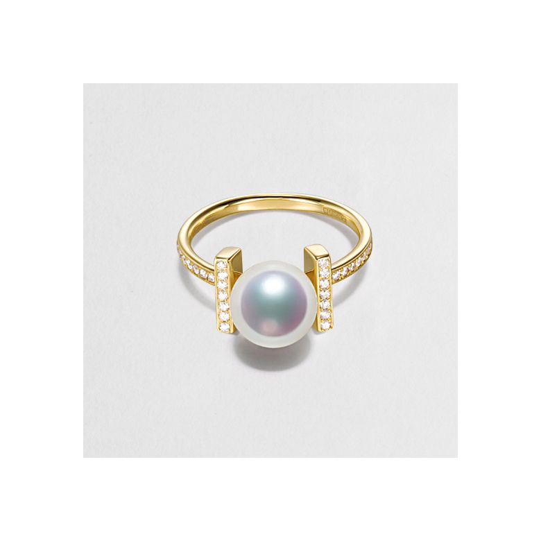 Bague monture rail. Or jaune, Diamants sertis et Perle Akoya - 5