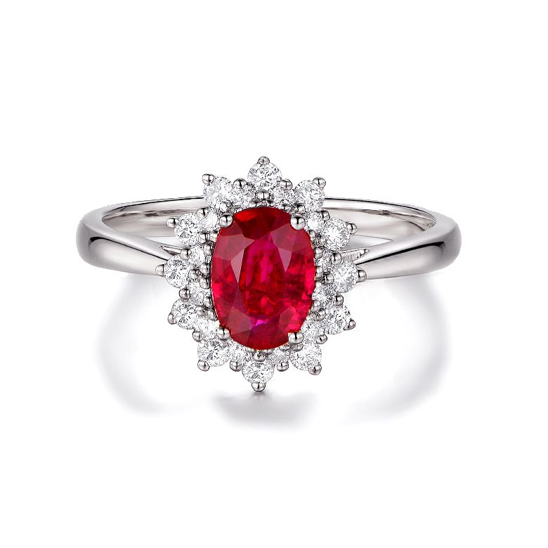 Bague rubis Or blanc. Double pavage diamants. Inspiration florale - 5