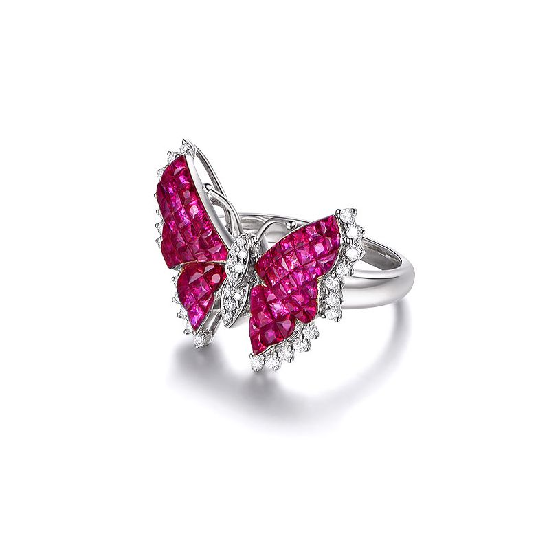 Bague Rubis Birmanie, Or blanc et diamants | Papillon ardent - 5