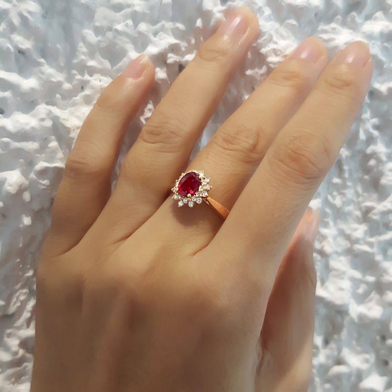 Bague rubis Or jaune. Double pavage diamants. Inspiration florale - 5
