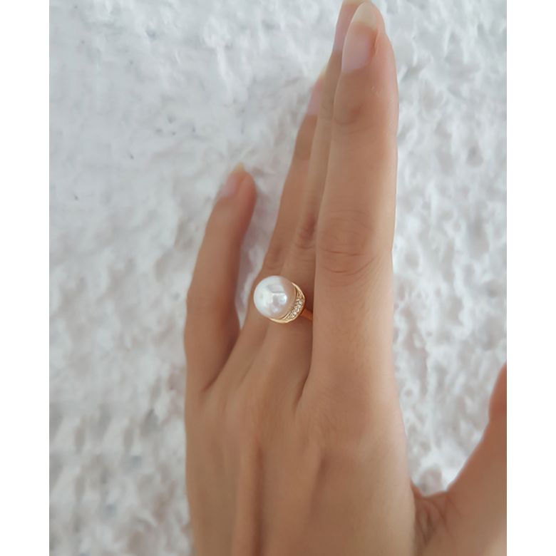 Bague perle d'eau douce et or jaune - Plateau circulaire en diamants - 6