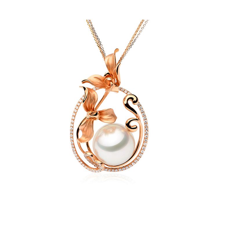 Pendentif Orchidée Or rose, diamants et perle d'Australie  - 4