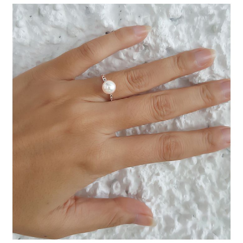 Bague or blanc - Perle Akoya blanche Japon - Diamants sertis rails