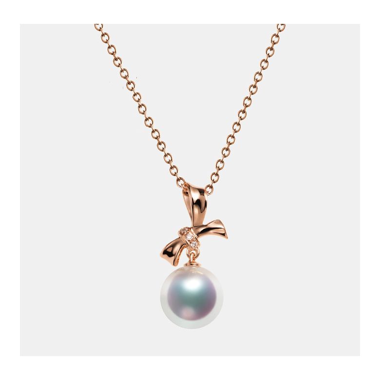 Pendentif Noeud avec ganse. Perle Akoya, Or rose, Diamants - 4