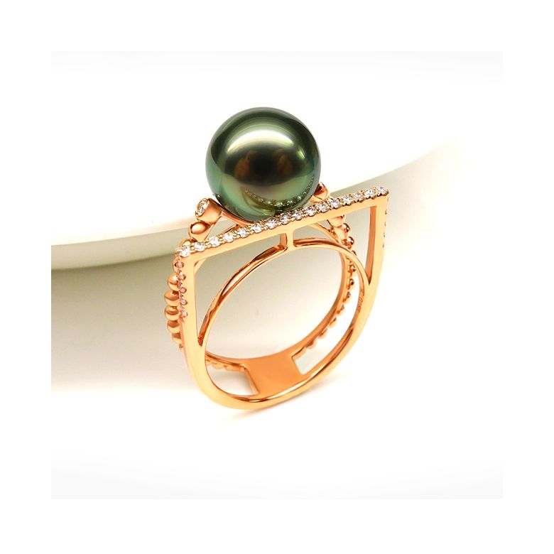 Bague perle de Tahiti, Or jaune, diamants - Saperlipopette - 3
