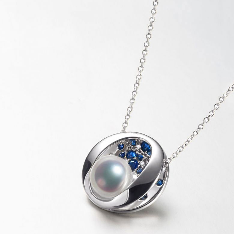 Pendentif constellation seiza I Perle Akoya, diamant, saphir, or blanc - 3
