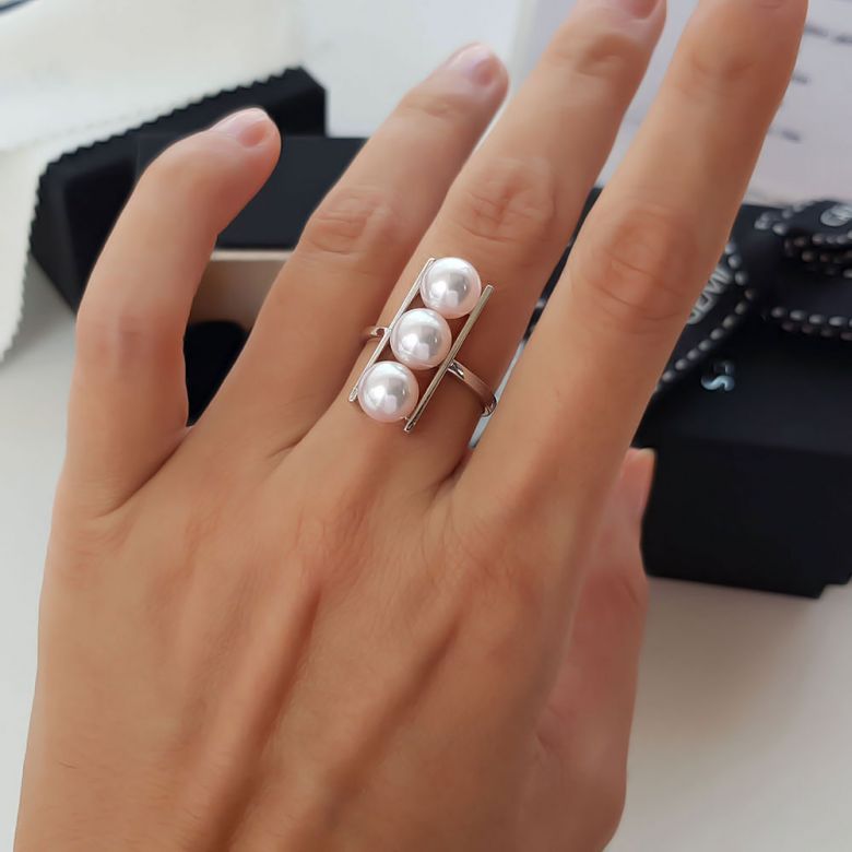 Bague 3 perles Akoya alignées et or blanc 18 carats - 12