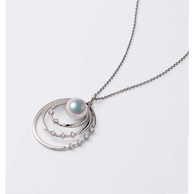 Pendentif perle Akoya Or blanc et diamants. Triple cercle - 6