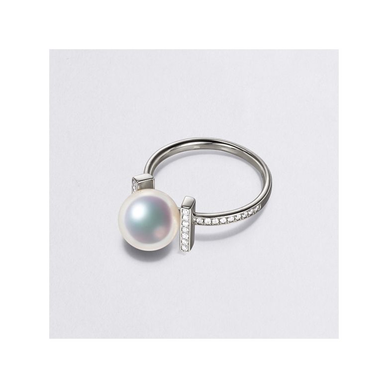 Bague monture rail. Or blanc, Diamants sertis et Perle Akoya - 5