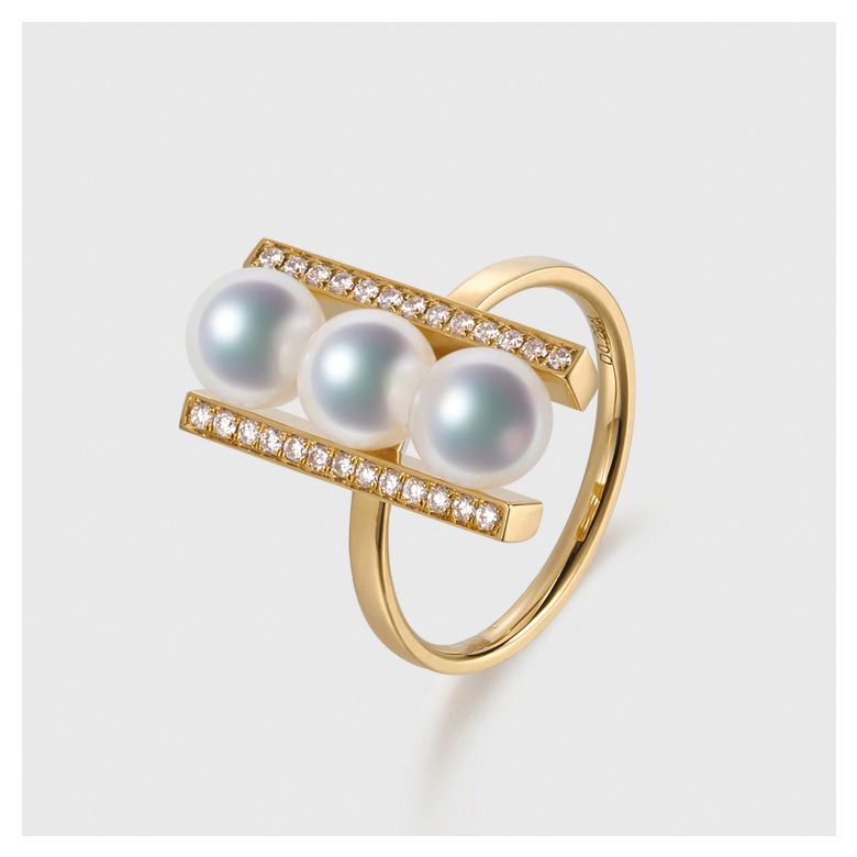 Bague 3 perles Akoya. Monture rail. Or jaune, Diamants - 3