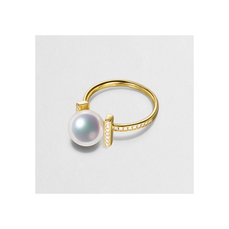 Bague monture rail. Or jaune, Diamants sertis et Perle Akoya - 4