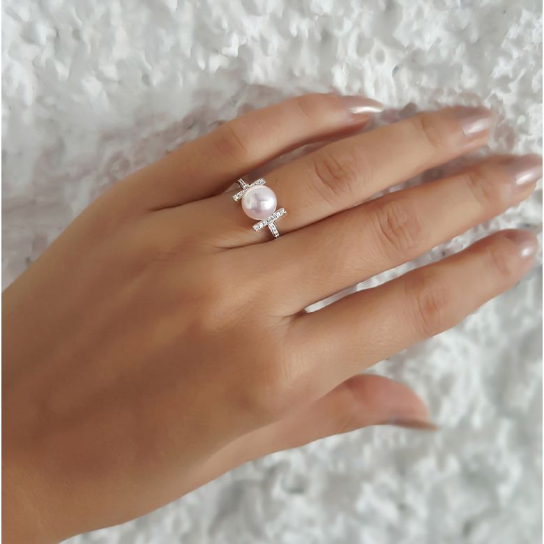 Bague monture rail. Or blanc, Diamants sertis et Perle Akoya - 8