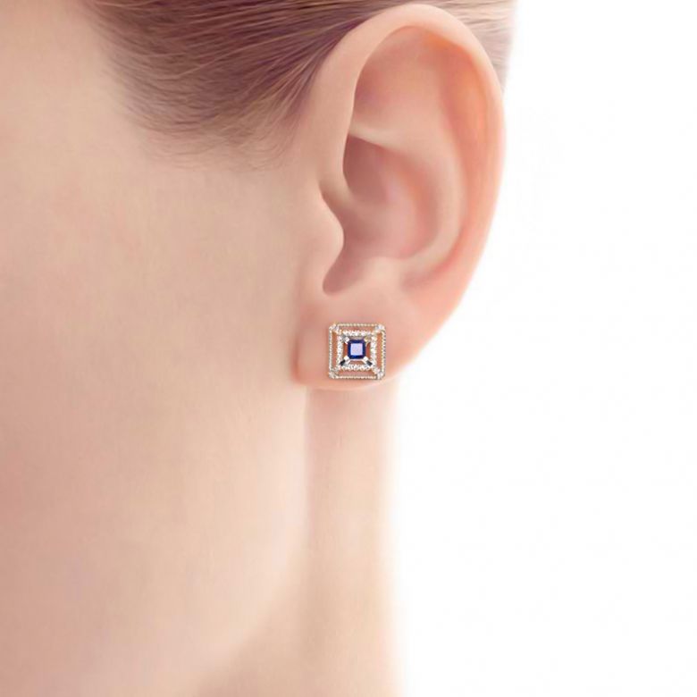 Boucle d Oreille carré de lumière - Or blanc, saphir, diamant - 2