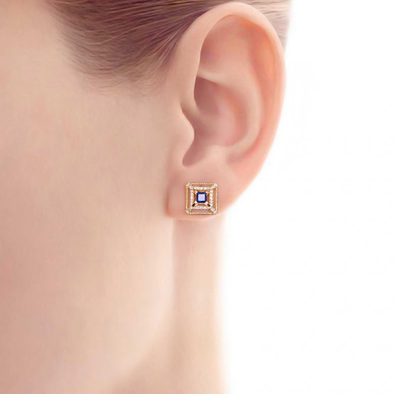 Boucle d Oreille carré de lumière - Or jaune, saphir, diamant - 2
