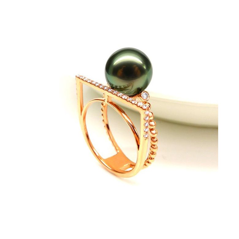 Bague perle de Tahiti, Or jaune, diamants - Saperlipopette - 10
