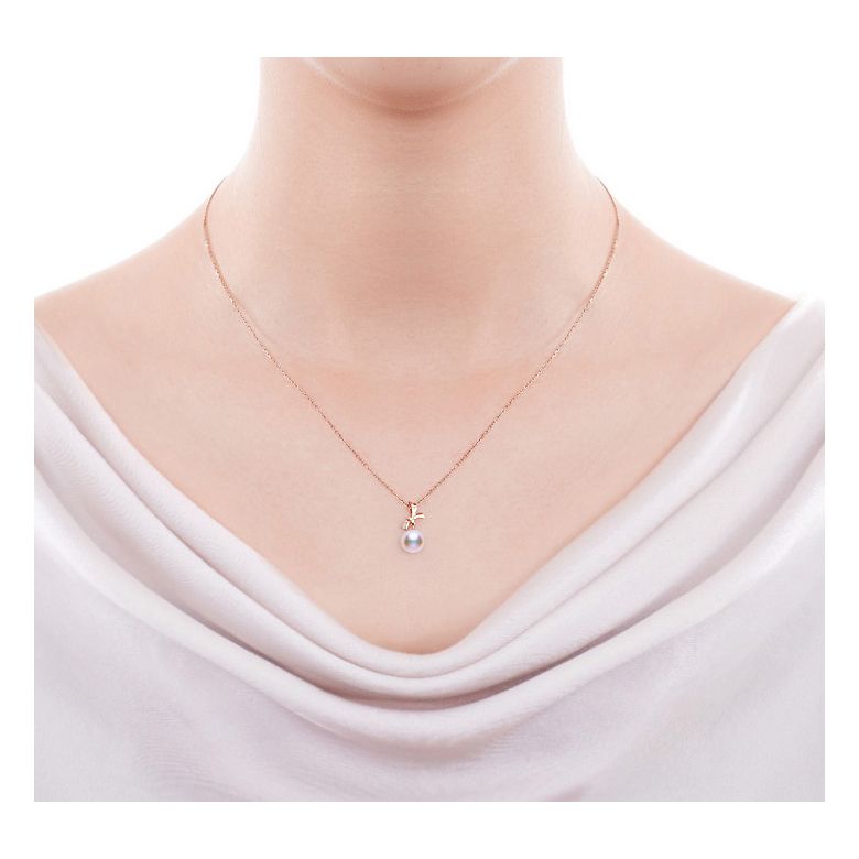 Pendentif Noeud avec ganse. Perle Akoya, Or rose, Diamants - 2