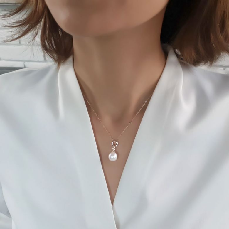 Pendentif chiffre 9 - Perle d'eau douce blanche - Or blanc, diamant - 7