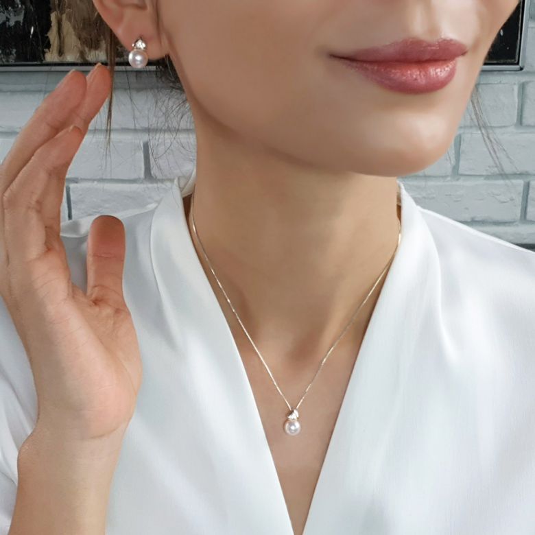 Boucles oreilles triangulaires. Perles Akoya Japon, Or blanc, Diamants - 11