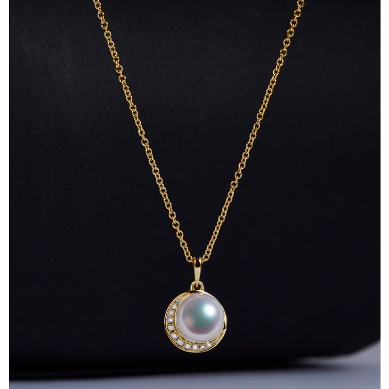 Pendentif couronne Or jaune Diamants. Perle Akoya - 6