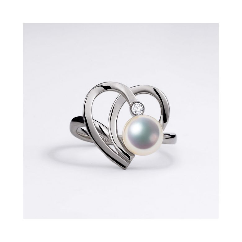 Bague double coeur stylisé Chiaky. Perle Akoya, Or blanc - 5