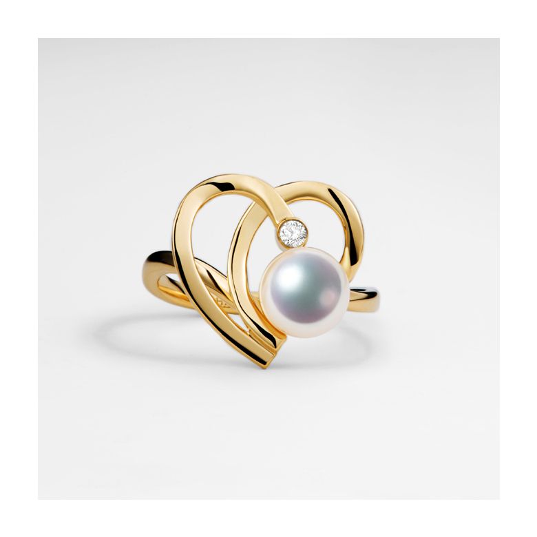 Bague double coeur stylisé Chiaky. Perle Akoya, Or jaune - 6