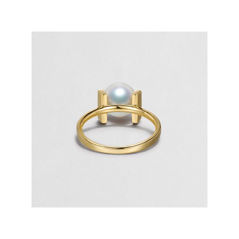 Bague monture rail. Or jaune, Diamants sertis et Perle Akoya - 7