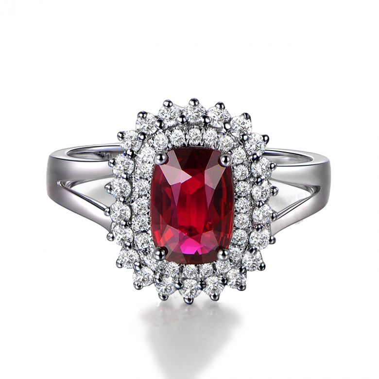 Bague rubis sertie d'une double rangée de diamants. Or blanc - 7