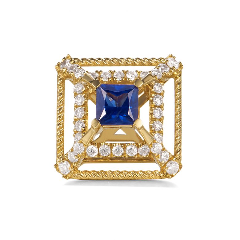 Boucle d Oreille carré de lumière - Or jaune, saphir, diamant - 4