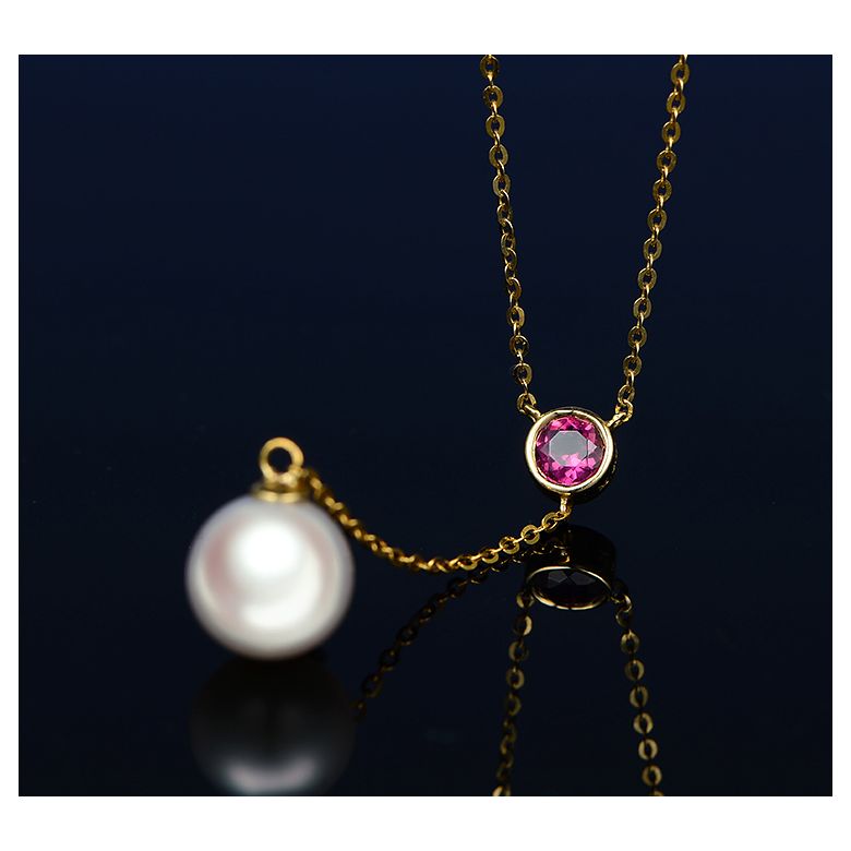 Collier pendentif perle Akoya. Chaîne Or jaune, Saphir rose - 8